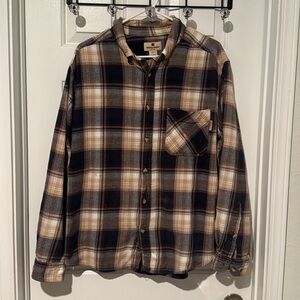 Men’s Woolrich Flannel Button Down Shirt Long Sleeve Size Large Brown Cream EUC